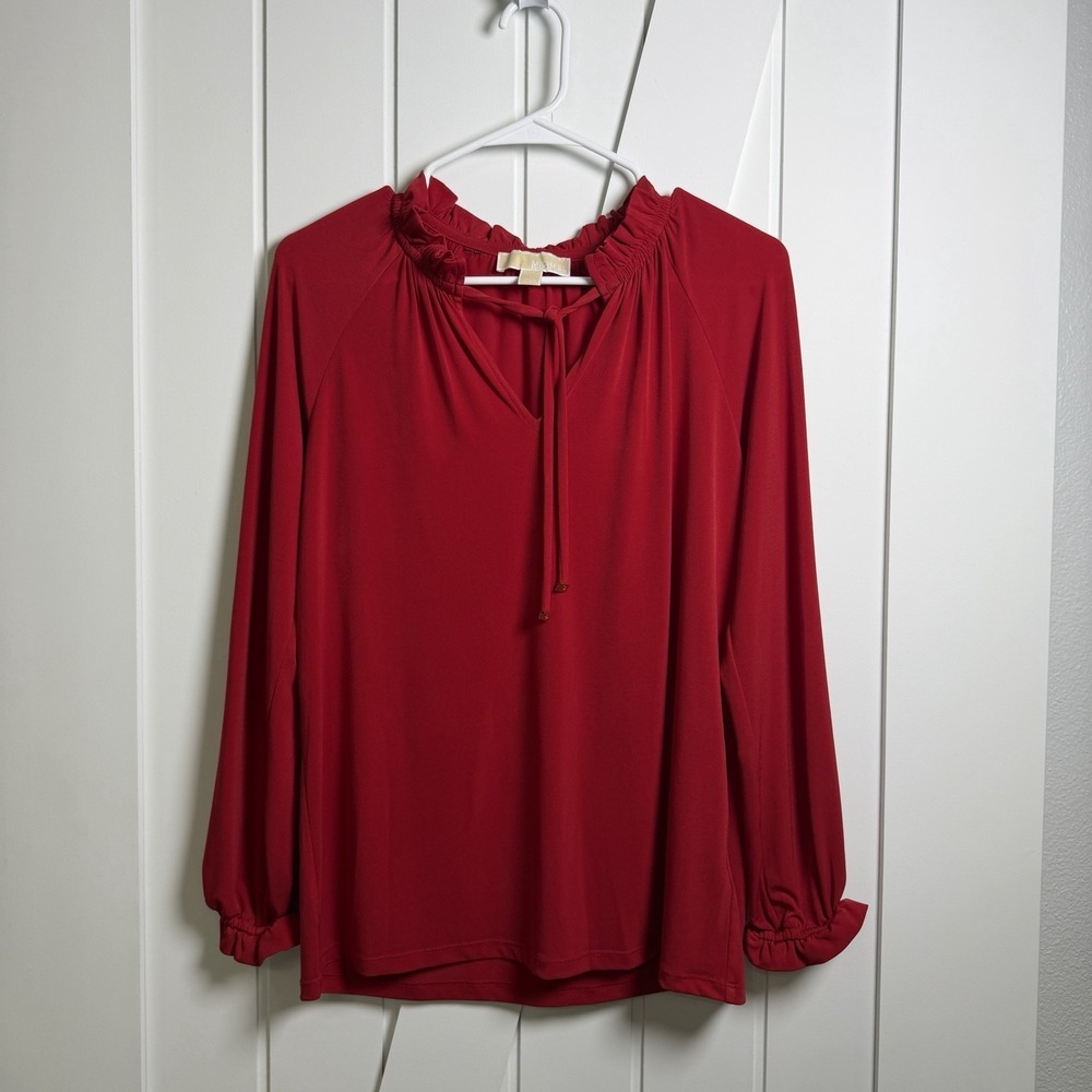 Michael Kors Red Blouse Size Small Ruffle V Neck Long Sleeve Romantic Classic